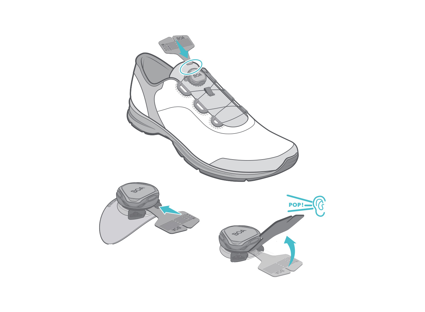 BOA fastener repair instructions, step 2: Use the enclosed tool to pry up and remove the BOA Fit System dial