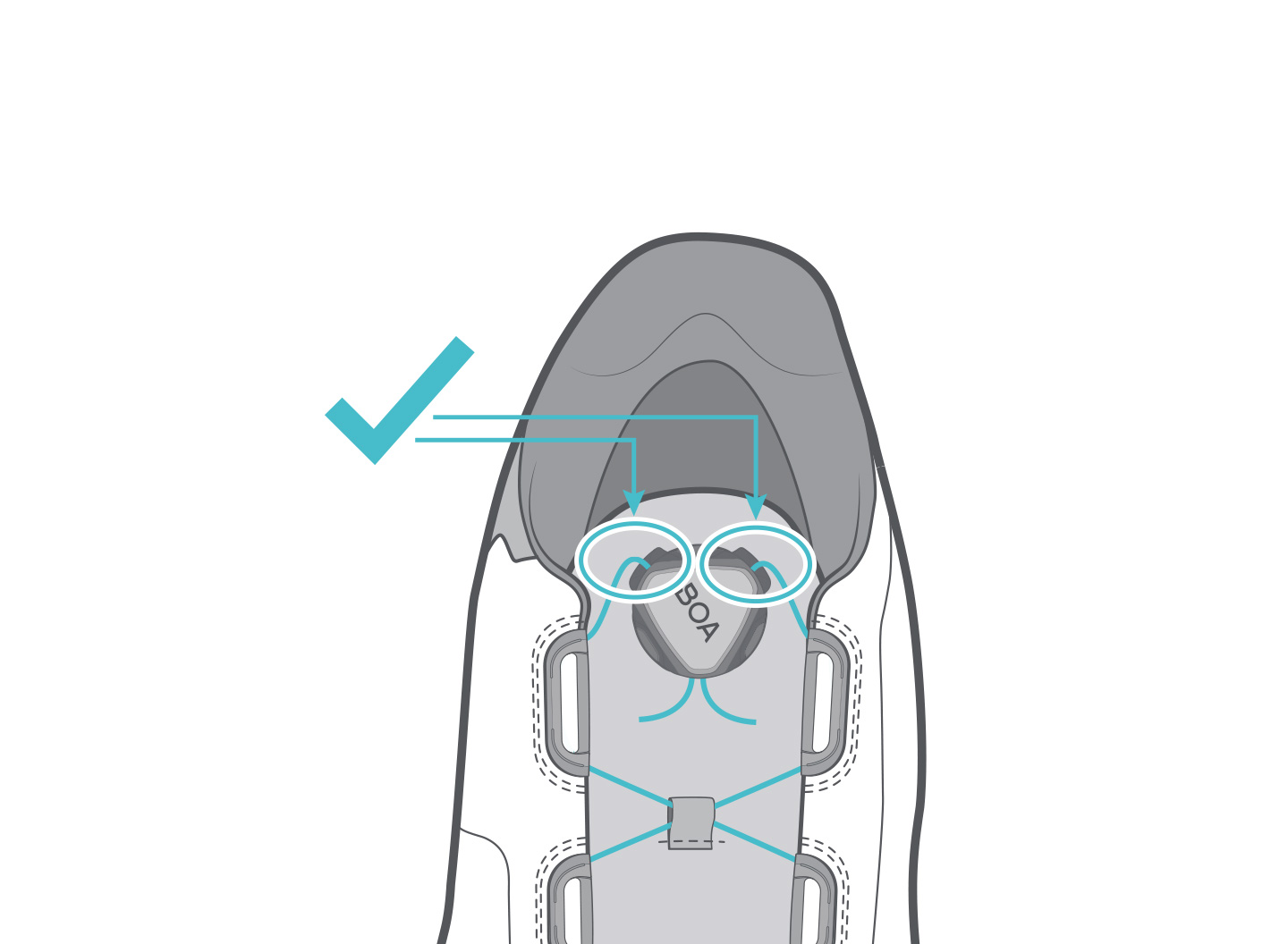 BOA fastener repair instructions, step 8: The dial is turned back into the position in which it should be on the shoe. The lace extending from each side is then threaded through the dial from above.