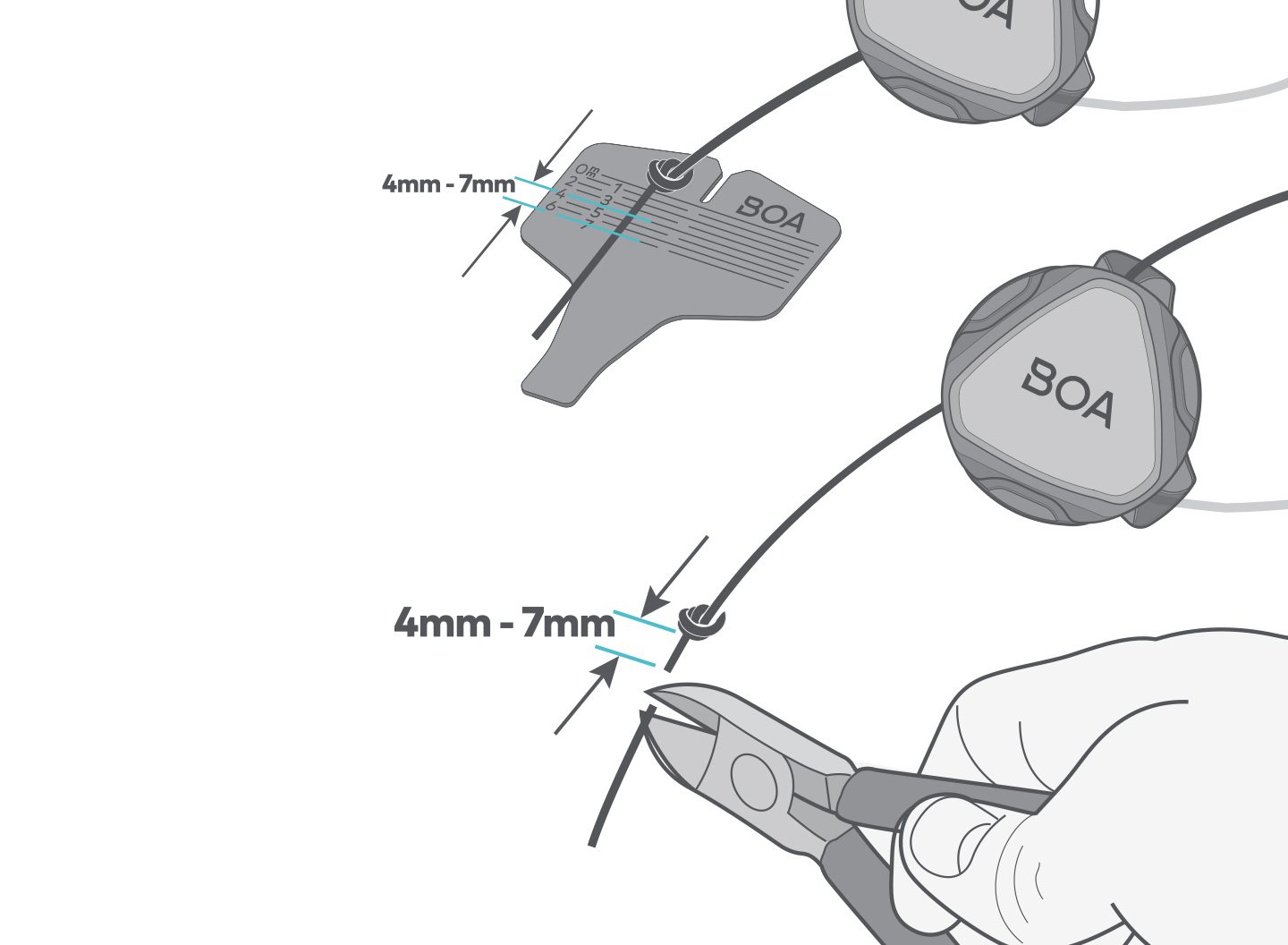 BOA fastener repair instructions, step 11: Now cut off the excess lace beyond the knot (knot tail) so that a maximum of 4-7 mm remains