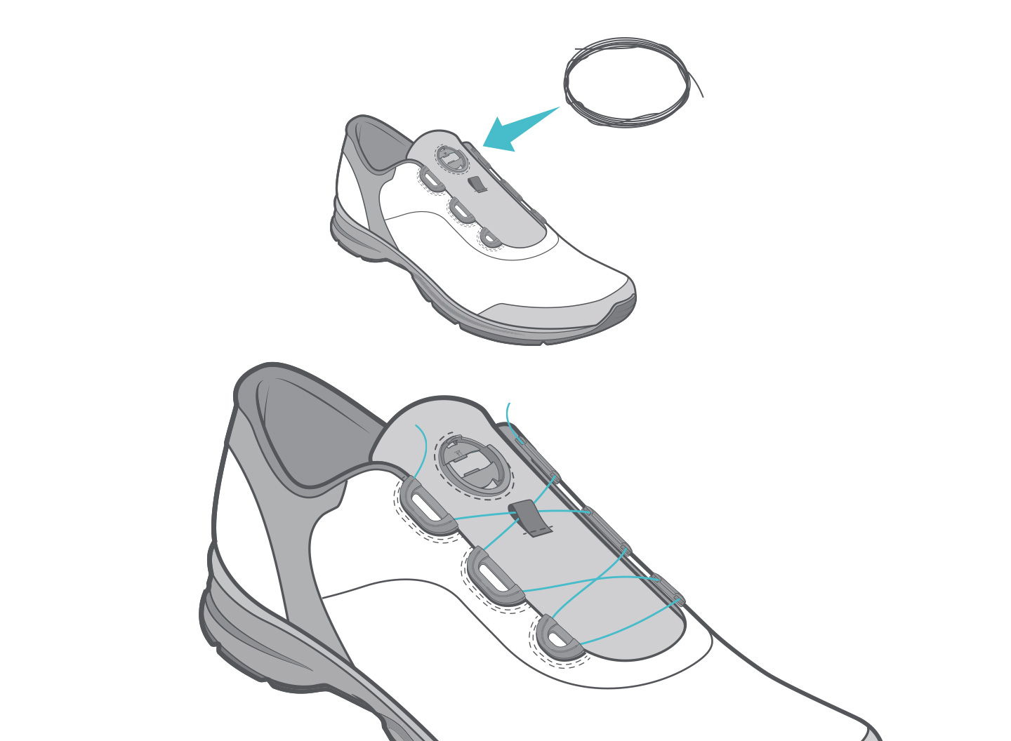 BOA fastener repair instructions, step 4: New lace is threaded in from below