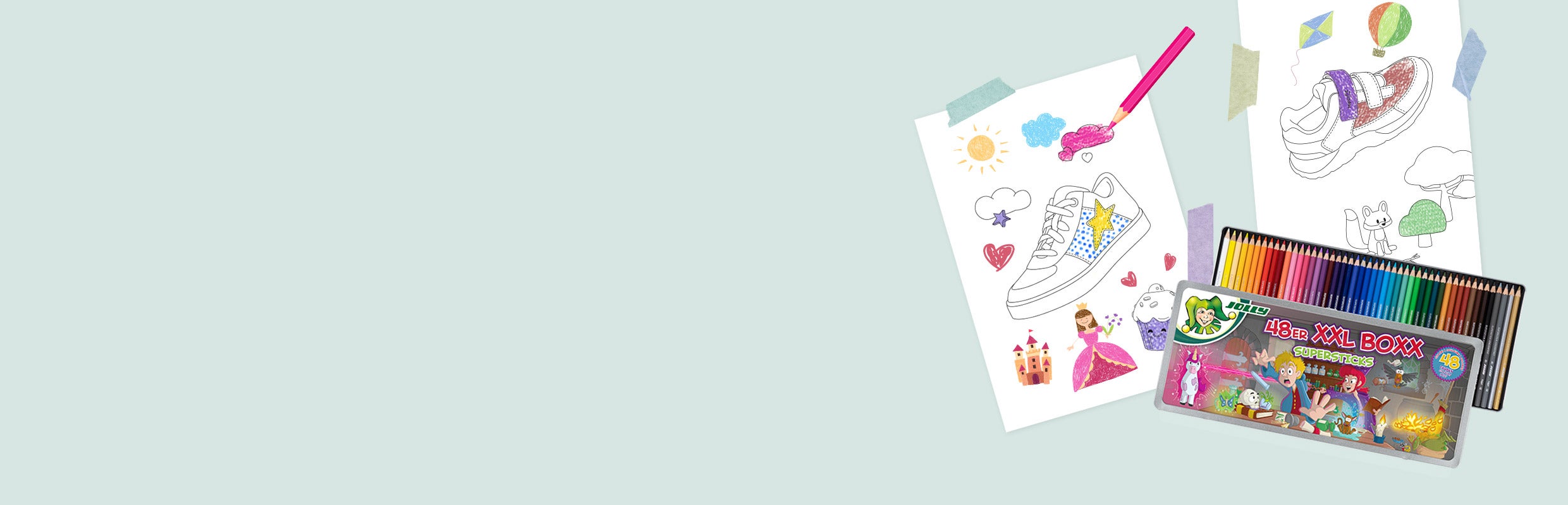 Colour in the trainers & win – superfit competition with a JOLLY 48-piece XXL coloured pencil box superfit competition – colour-in trainer template with coloured pencils and a JOLLY 48-piece XXL coloured pencil box