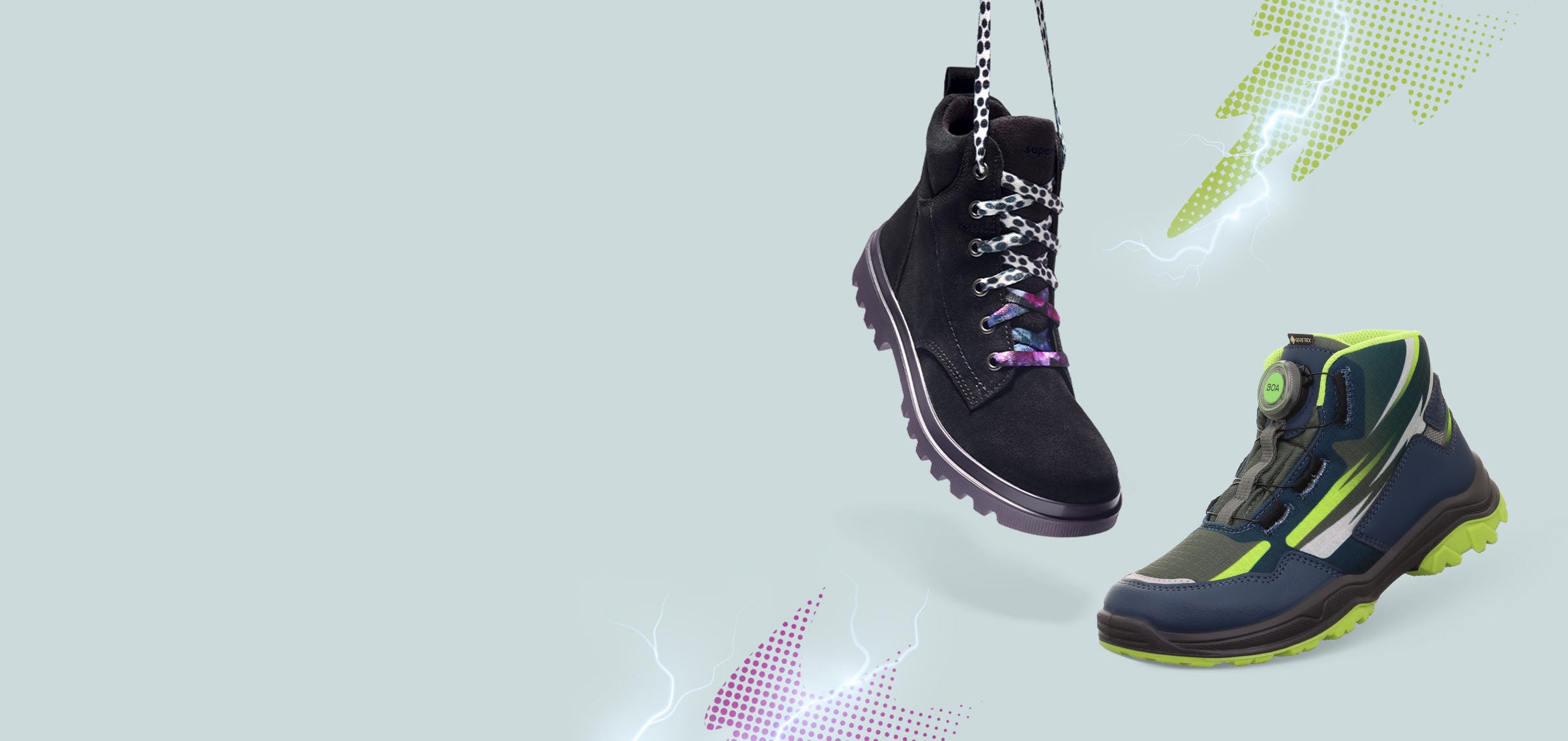 superfit Mädchen ABBY NOVA Boots mit Reißverschluss/Schnürung - Farbe: Schwarz - Material: Veloursleder; superfit Mädchen, Jungen JUPITER Boots mit BOA® Drehverschluss - Farbe: Blau - Material: Synthetik