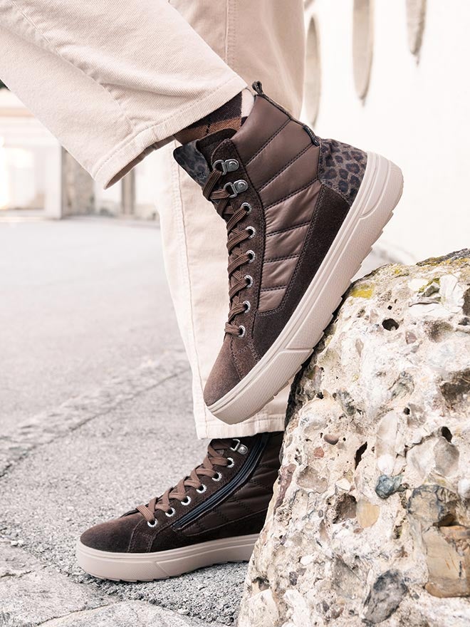 legero Damen MILENA Sneaker high mit Reißverschluss/Schnürung - Farbe: Braun - Material: Veloursleder