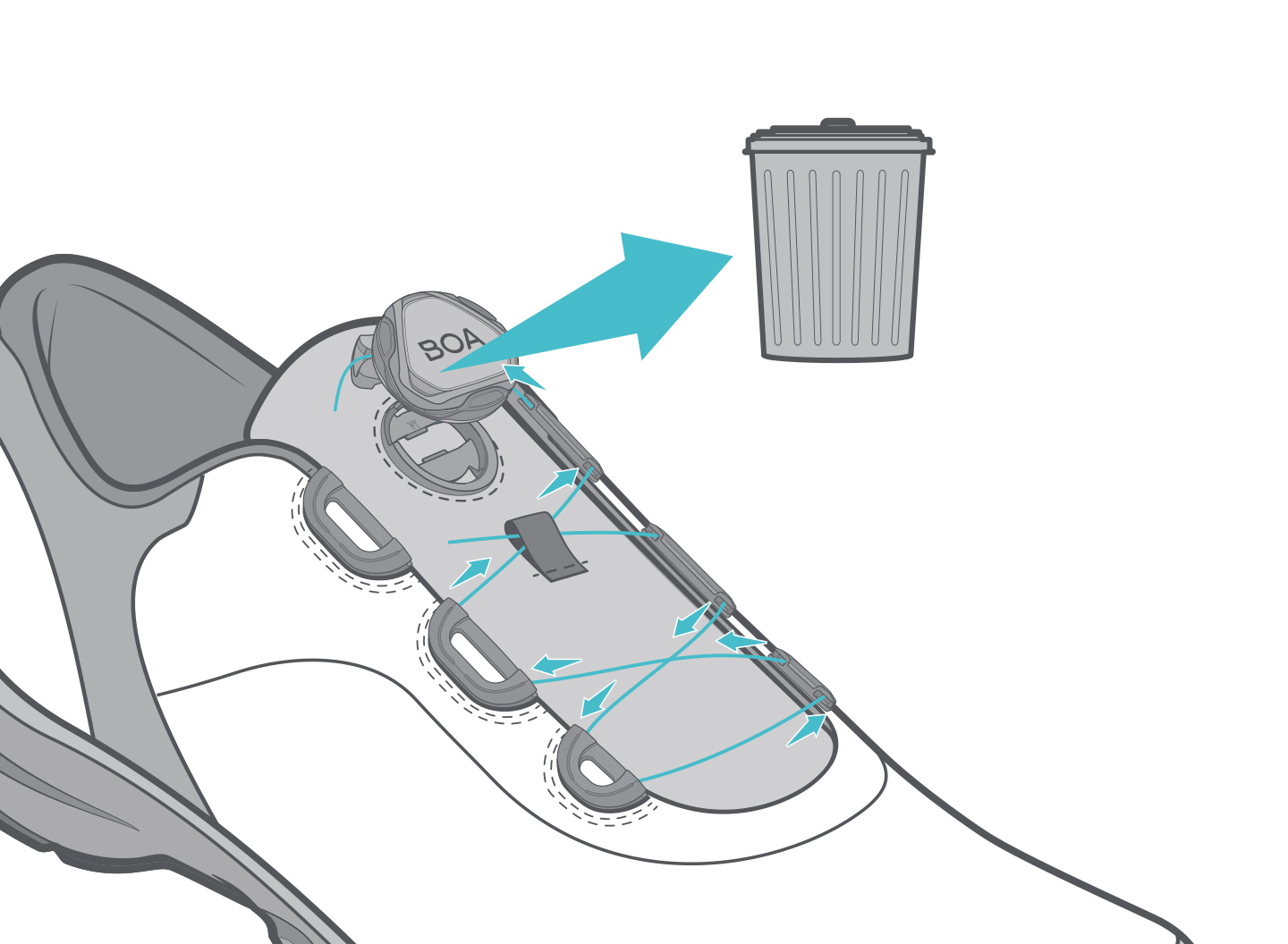 BOA fastener repair instructions, step 3: If the lace is to be replaced, it is now removed from the guide