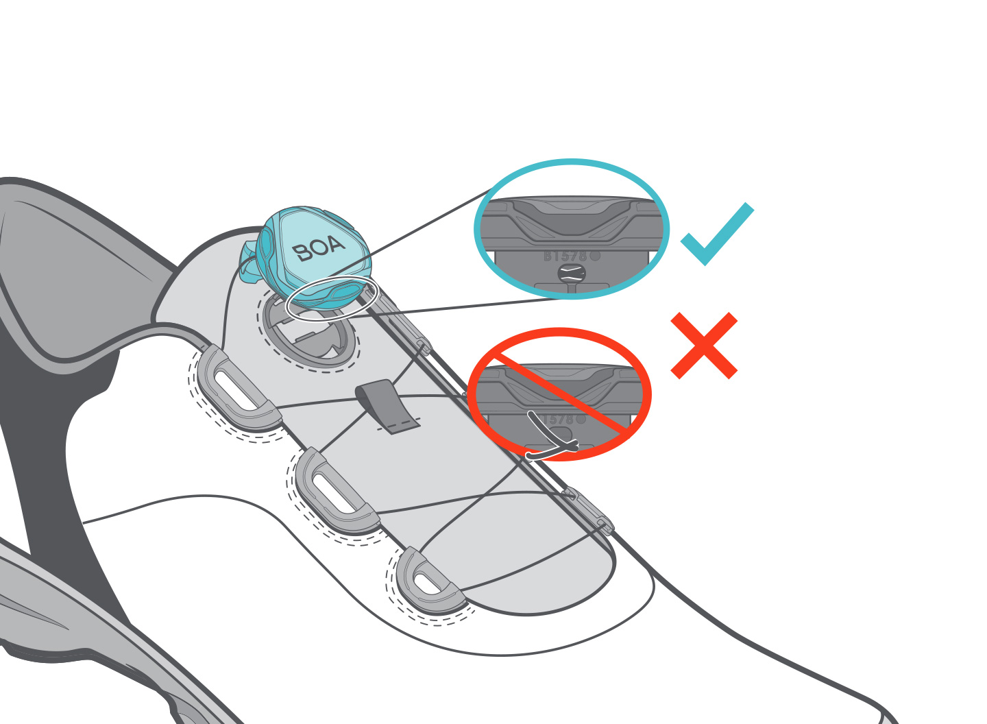 BOA fastener repair instructions, step 14: Make sure that the knots are completely hidden in the dial. Otherwise, you will have to open the dial again.